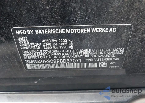 2023 BMW 3 Series M340I from USA, damaged, VIN 3MW49FS08P8D67071